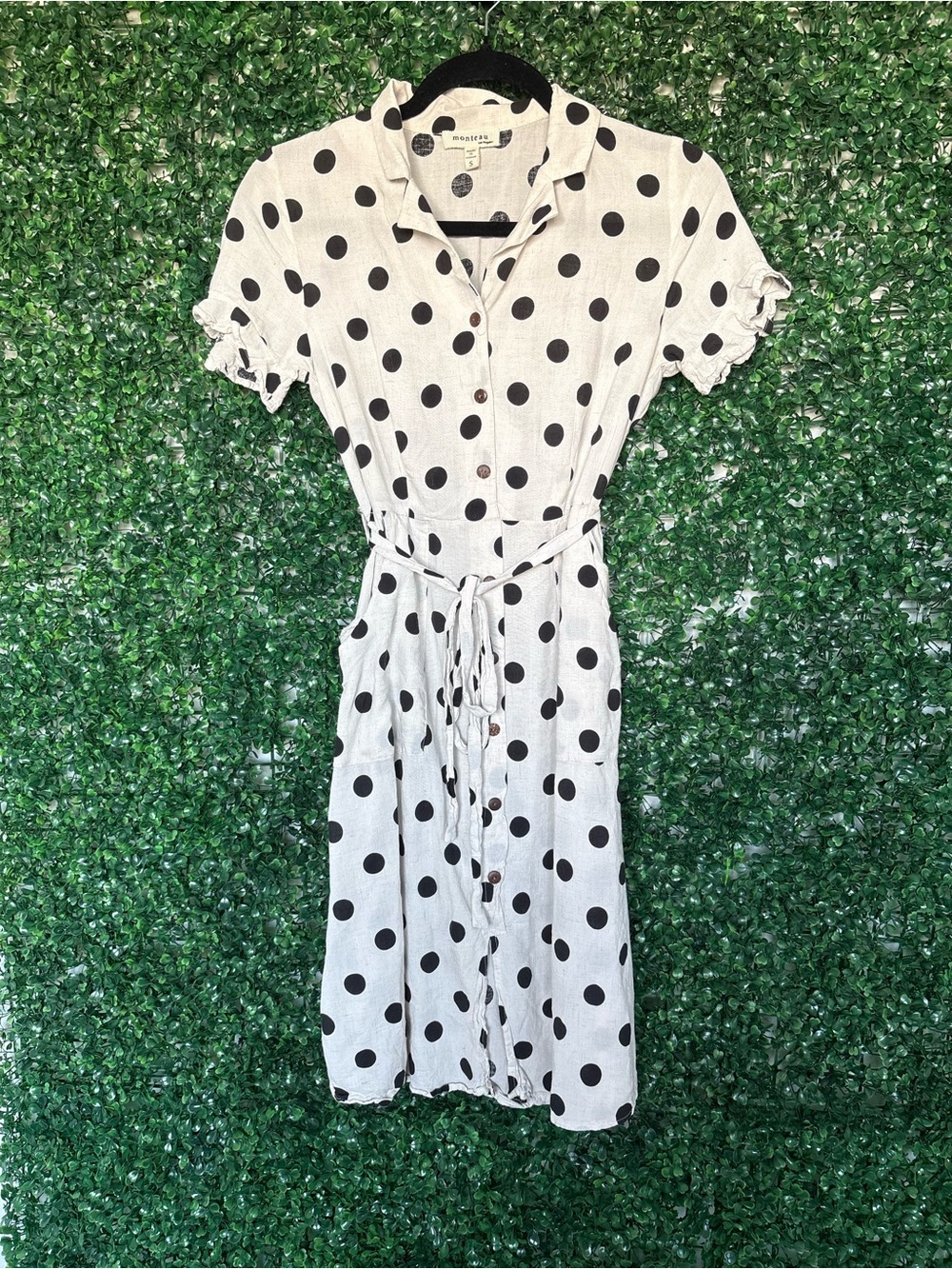 Monteau Beige Midi Dress with Black Polka Dots and Tie Waist and Button up front